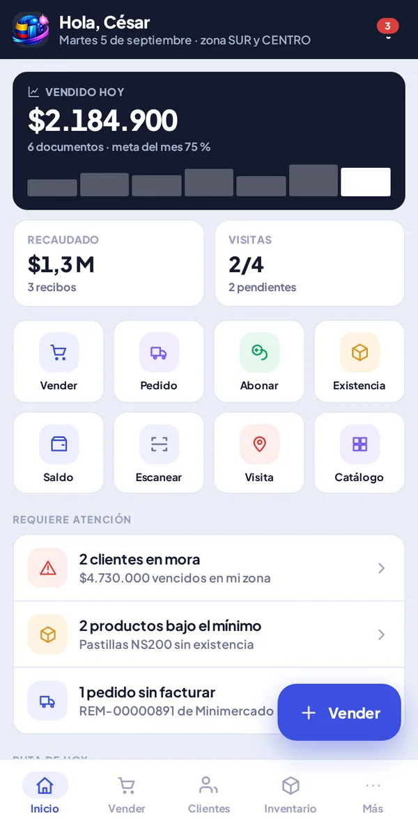 Pantalla de inicio de la app iSoft Móvil: lo vendido del día, accesos rápidos y avisos de cartera